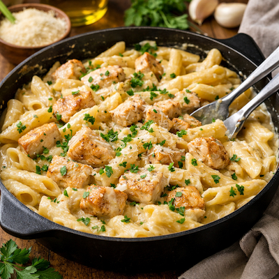 Pâtes crémeuses au poulet avec sauce à l’ail et parmesan